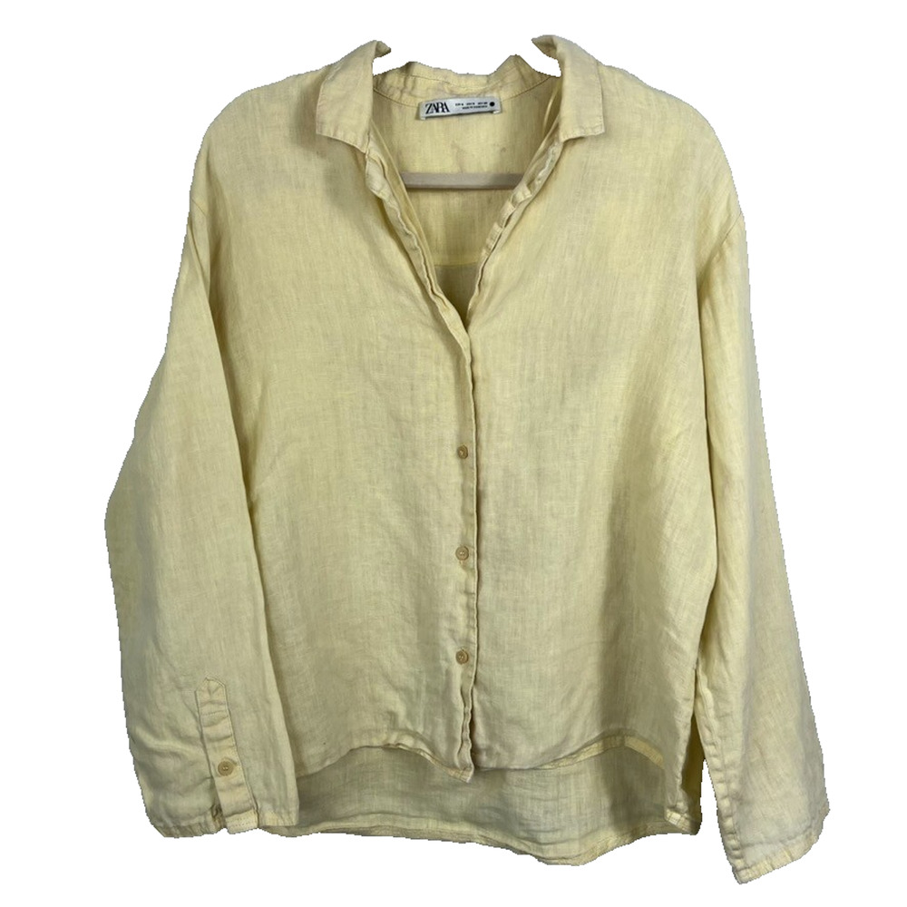 Zara 100% Linen Shirt Women's Size M Yellow Button Down Roll Tab Sleeves Lagen